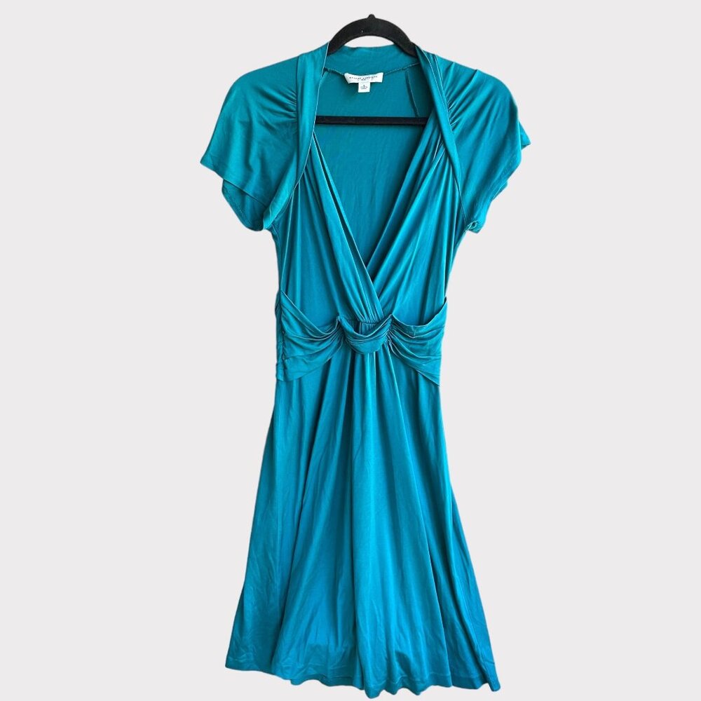 Banana Republic Size S Turquoise Green Silk Cap Sleeve Faux Wrap V-Neck Dress